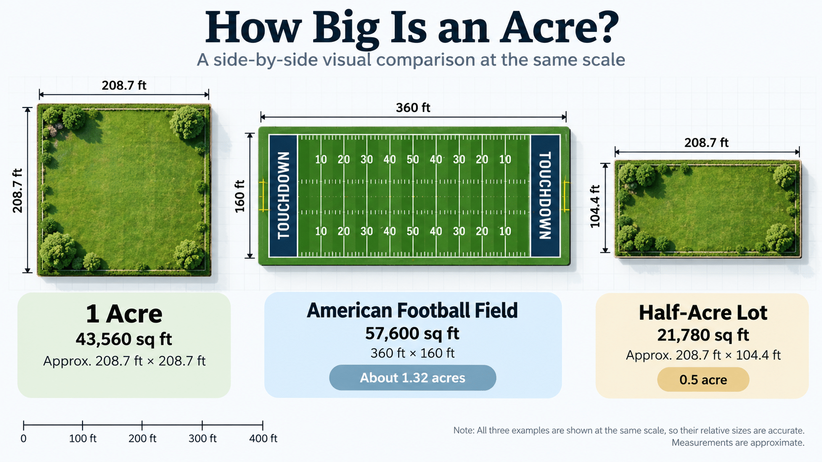 How big is an acre? Visual size comparison of one acre, an American football field and a half-acre lot